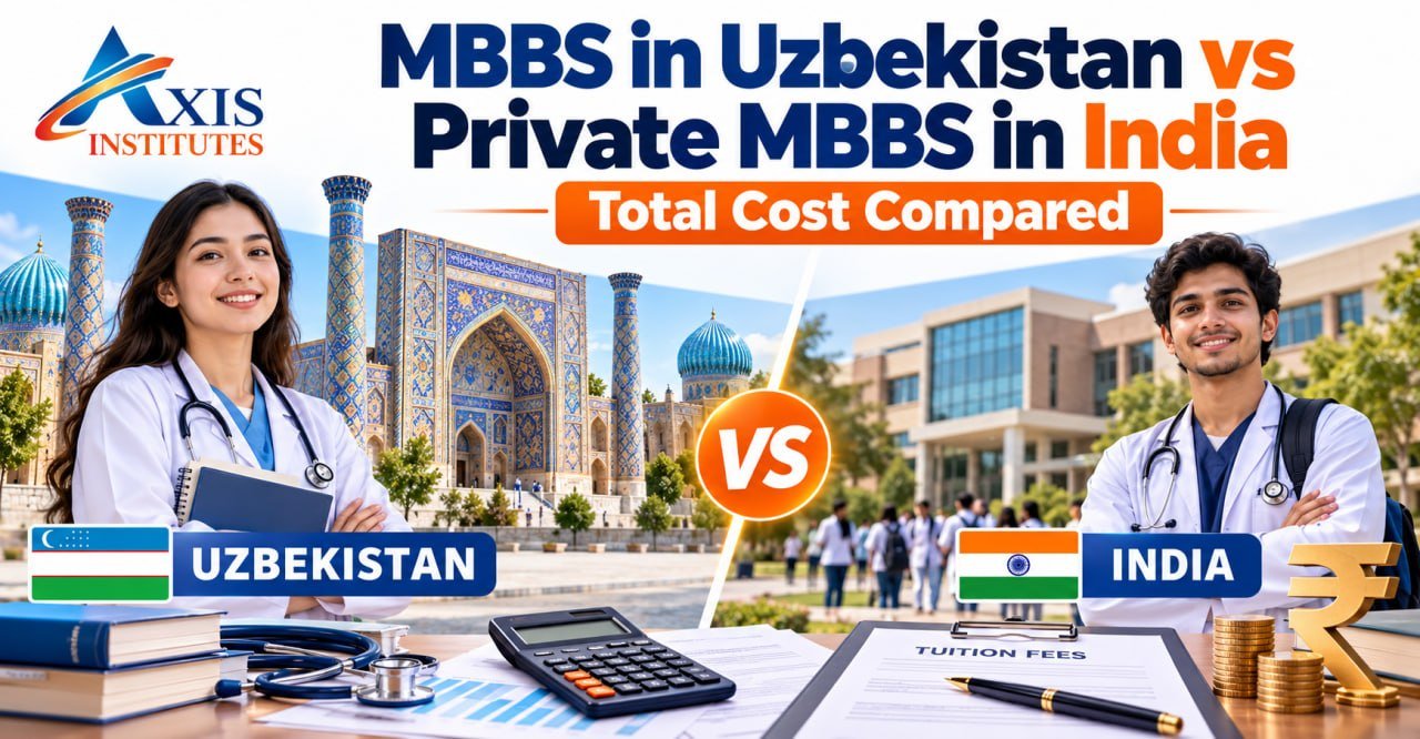 Axis Institutes banner comparing MBBS in Uzbekistan vs private MBBS in India, featuring medical students and cost symbols