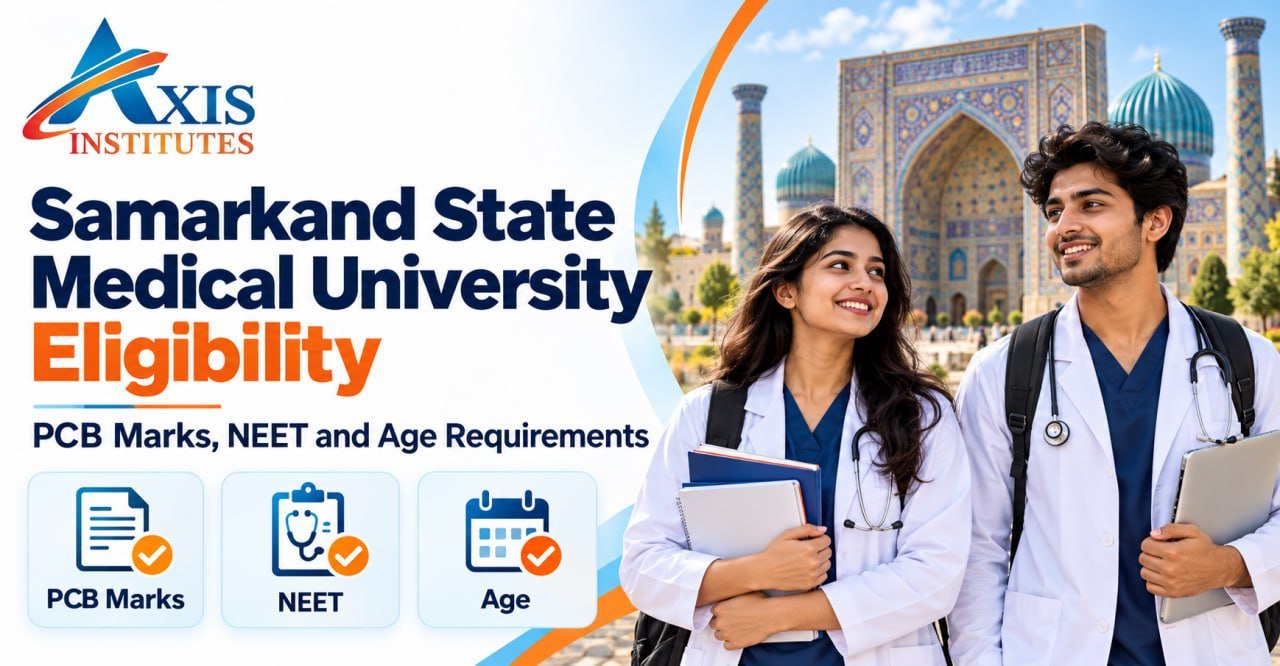 Axis Institutes banner on Samarkand State Medical University eligibility, highlighting PCB marks, NEET and age requirements
