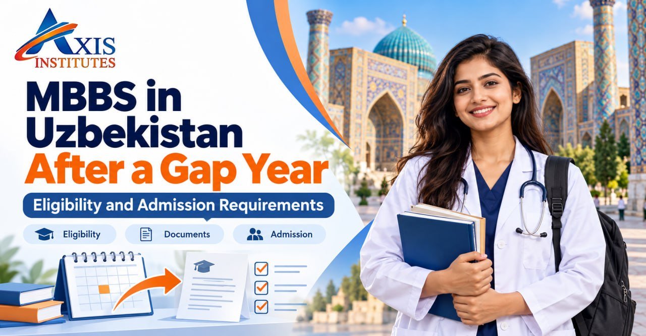 Axis Institutes banner about MBBS in Uzbekistan after a gap year, showing a medical student, calendar and document checklist